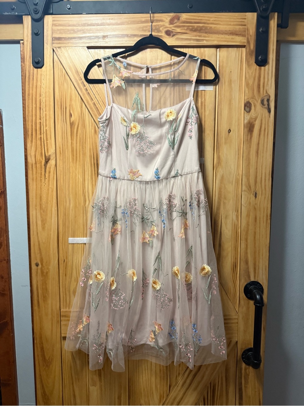 Sheer Embroidered Floral Midi Dress - Beige